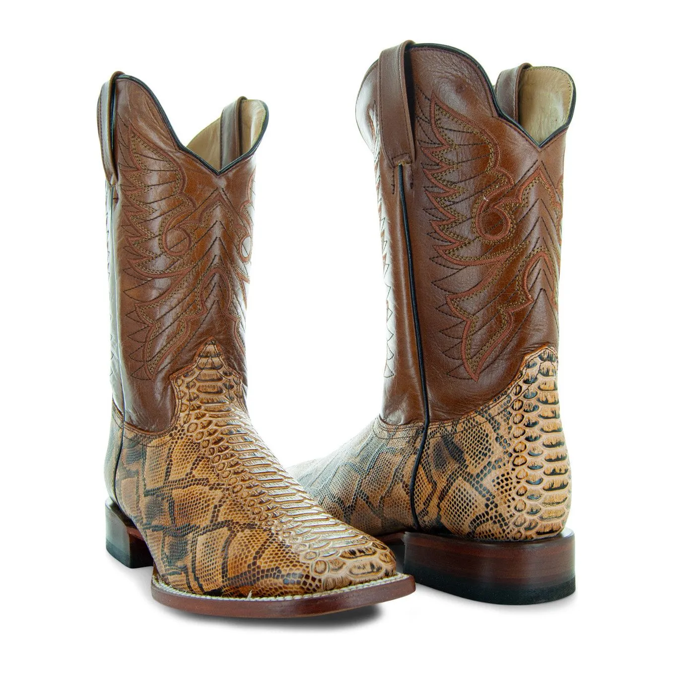 Soto Boots Men's Brown Python Print Square Toe Cowboy Boots H8004