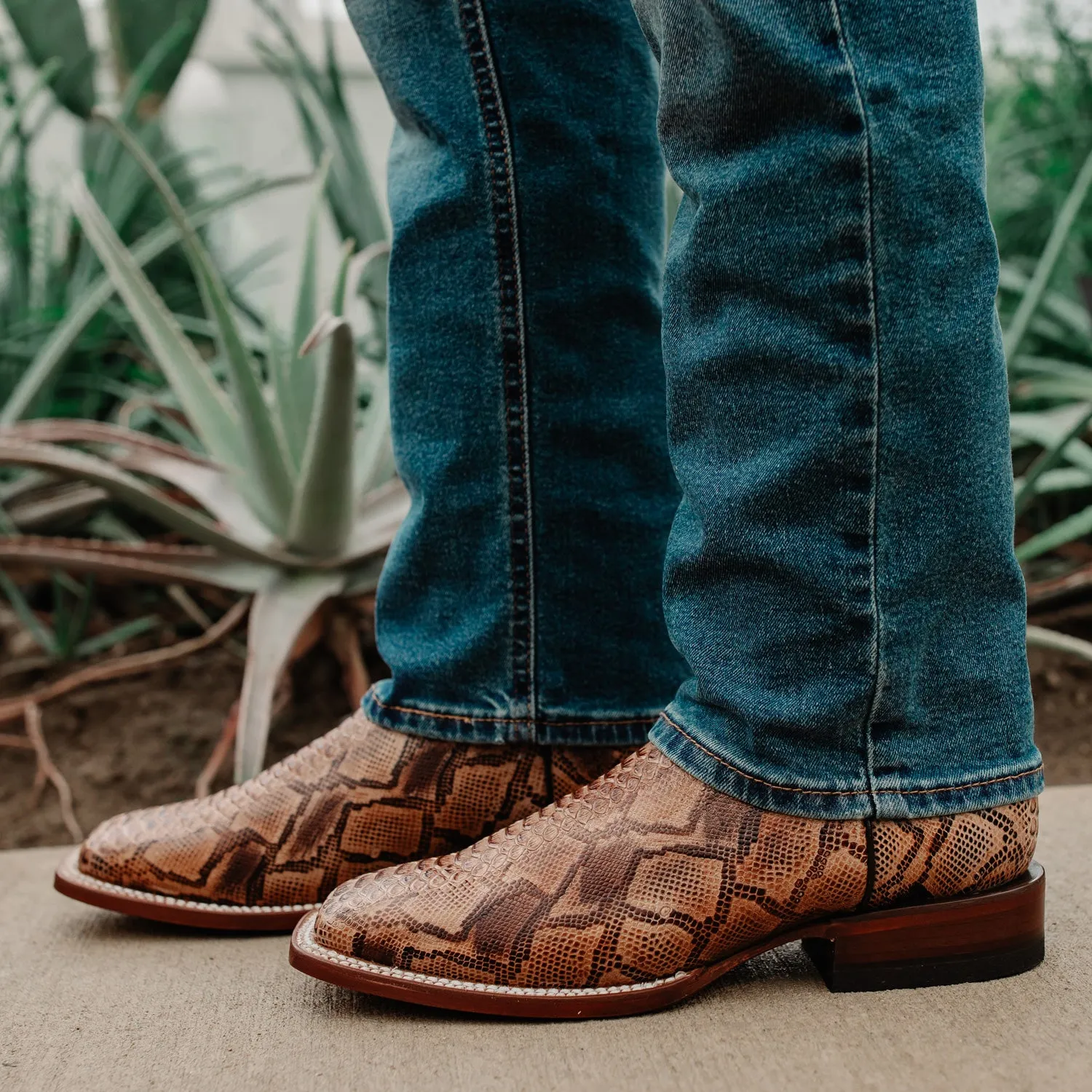 Soto Boots Men's Brown Python Print Square Toe Cowboy Boots H8004