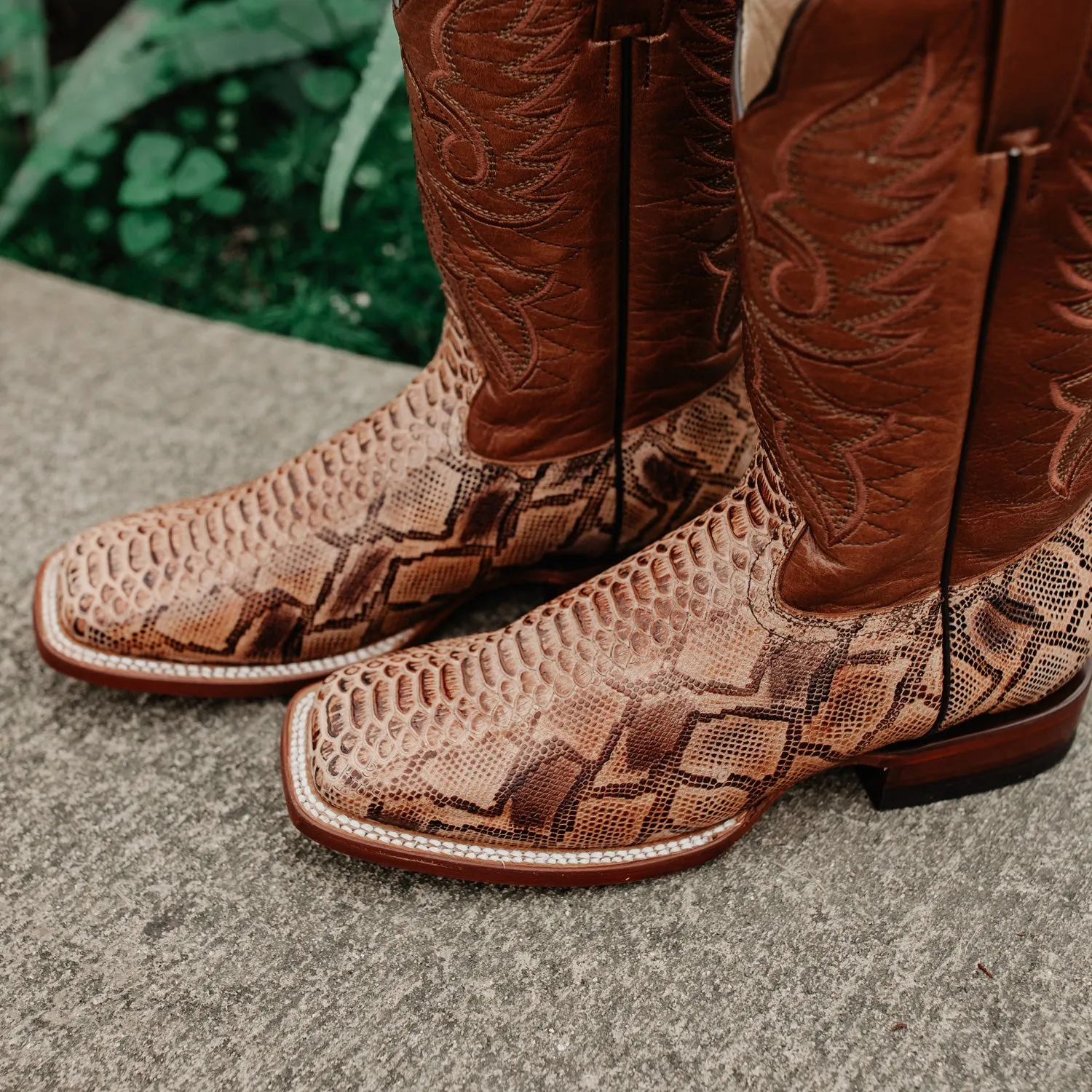 Soto Boots Men's Brown Python Print Square Toe Cowboy Boots H8004