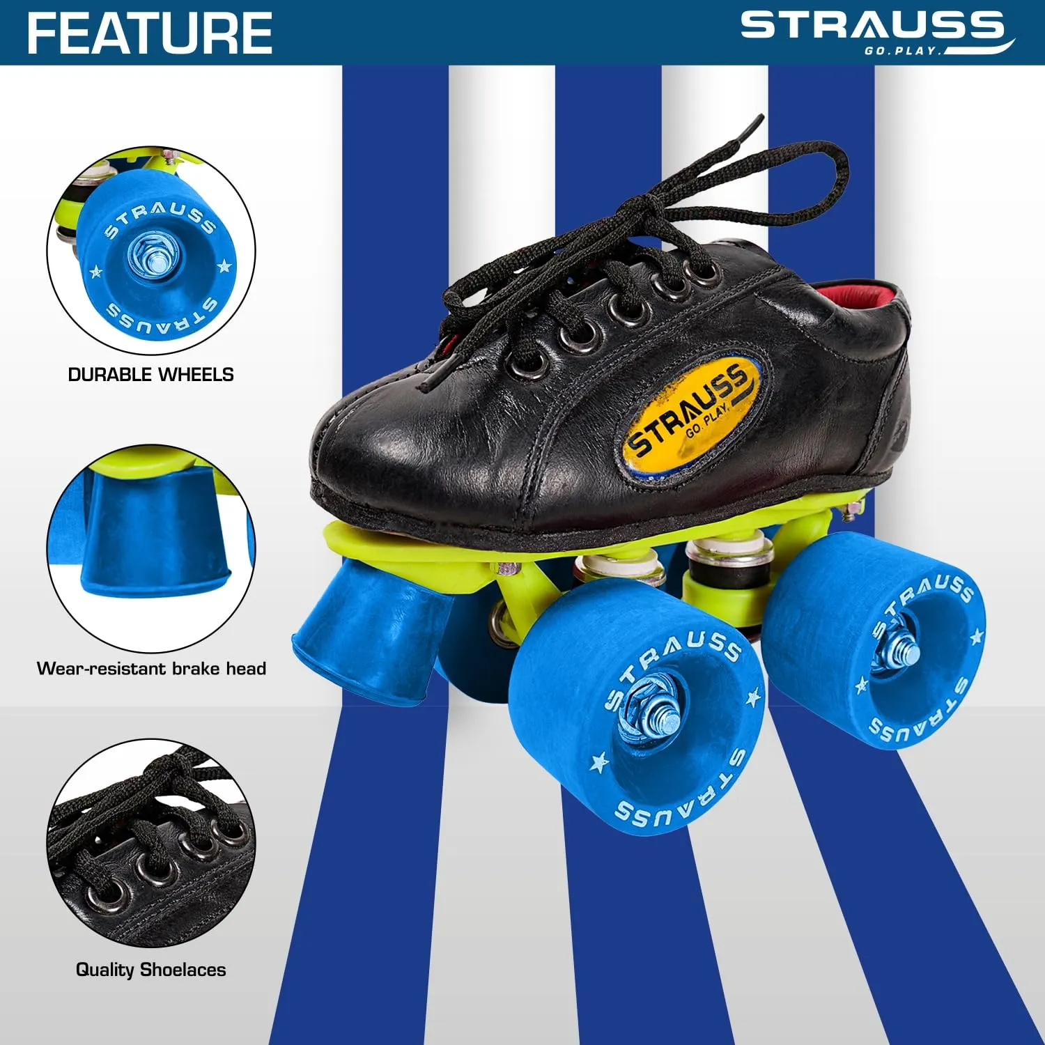 STRAUSS Gripper Adjustable Skating Shoes | Along with Rubber Wheel| Combo Set for Boys Kids and Girls| Size-10, (Blue/Black)