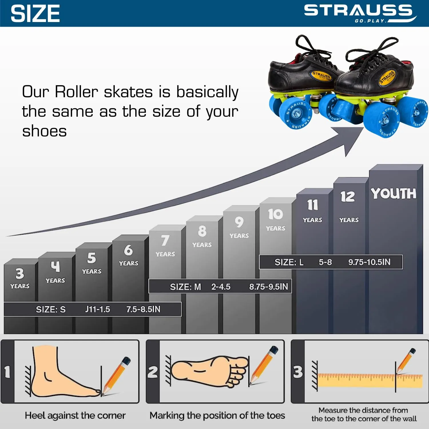 STRAUSS Gripper Adjustable Skating Shoes | Along with Rubber Wheel| Combo Set for Boys Kids and Girls| Size-10, (Blue/Black)