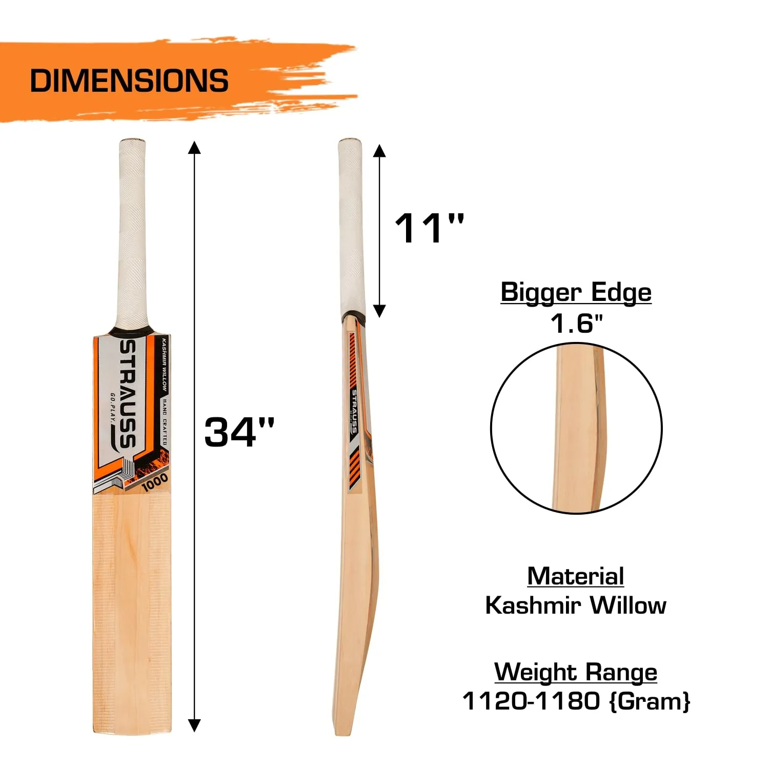 Strauss Kashmir Willow Cricket Bat | Tennis & Synthetic Ball Bat | Ideal for Cricket Enthusiasts & Players | Durable and Lightweight | Superior Grip and Balance | Size: Short Handle |Edition: 1000