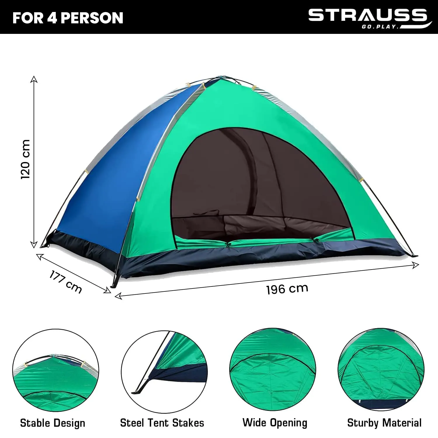 STRAUSS Portable Camping Tent | Ideal for 4 Person | Quick 5-10 Minute Setup | Waterproof Tent for Camping | Superior Air Ventilation | Ideal for Indoors and Outdoors | Camping Accessories,Blue/Green