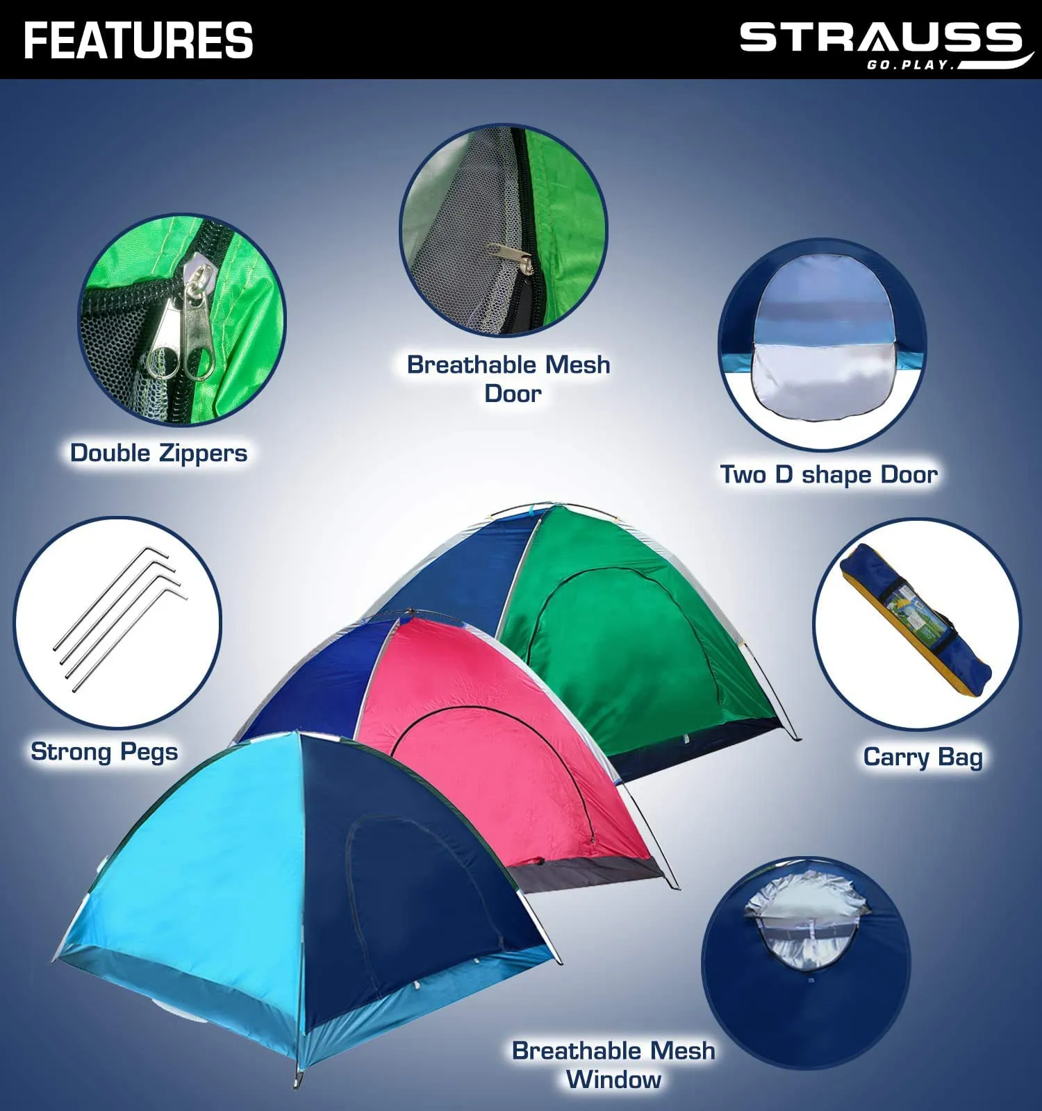 STRAUSS Portable Camping Tent | Ideal for 4 Person | Quick 5-10 Minute Setup | Waterproof Tent for Camping | Superior Air Ventilation | Ideal for Indoors and Outdoors | Camping Accessories,Blue/Green