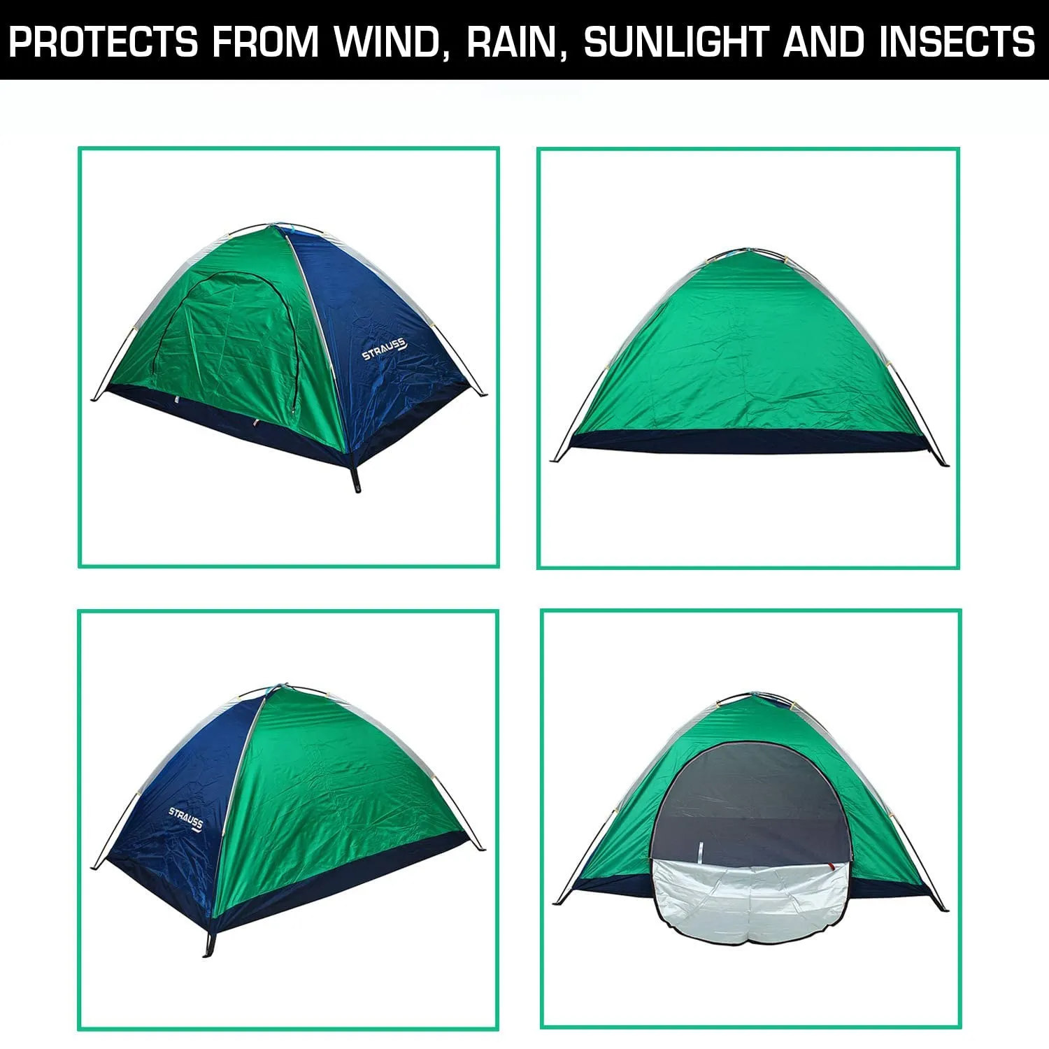 STRAUSS Portable Camping Tent | Ideal for 4 Person | Quick 5-10 Minute Setup | Waterproof Tent for Camping | Superior Air Ventilation | Ideal for Indoors and Outdoors | Camping Accessories,Blue/Green