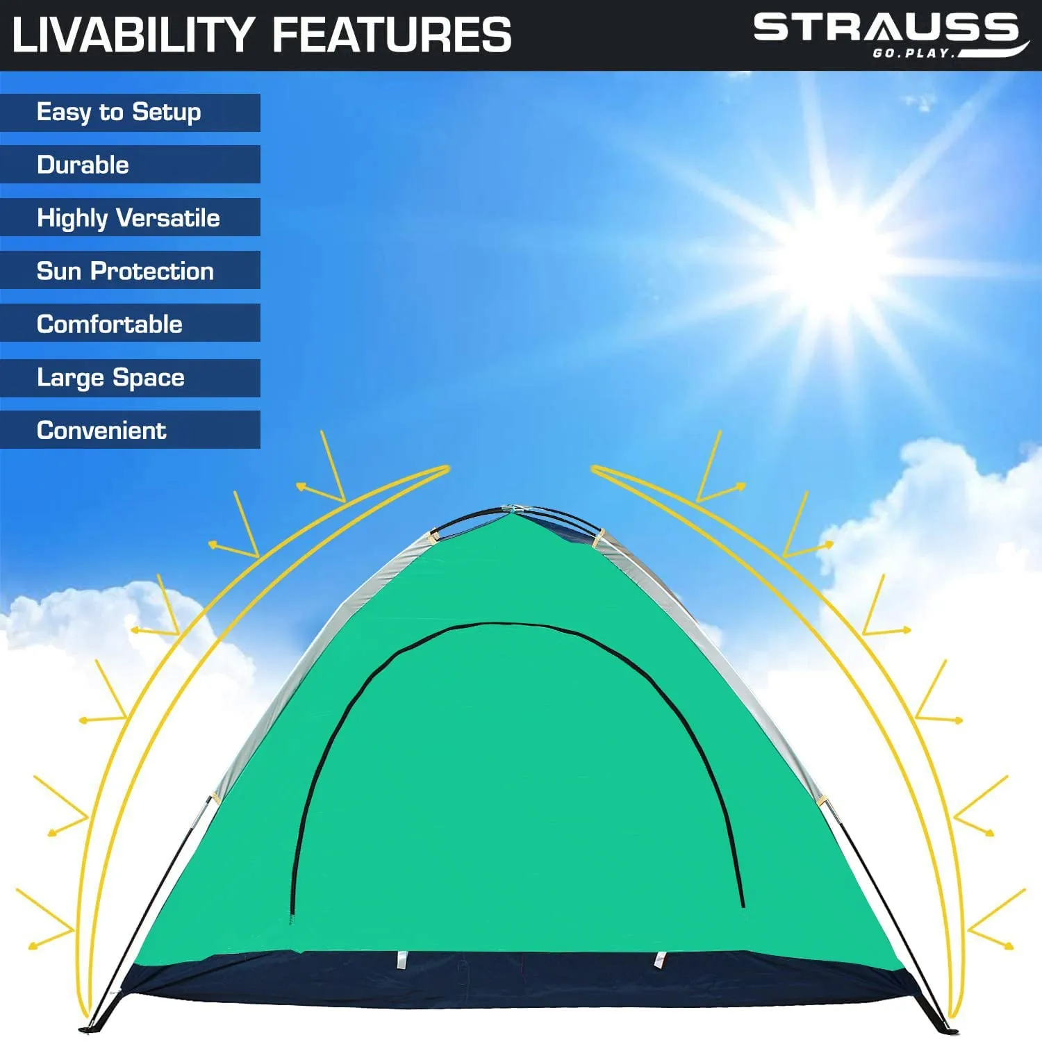 STRAUSS Portable Camping Tent | Ideal for 4 Person | Quick 5-10 Minute Setup | Waterproof Tent for Camping | Superior Air Ventilation | Ideal for Indoors and Outdoors | Camping Accessories,Blue/Green