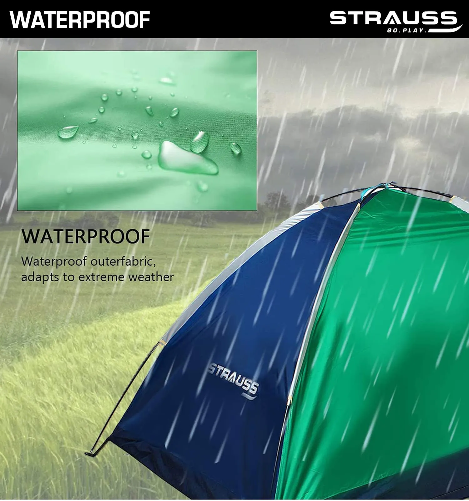 STRAUSS Portable Camping Tent | Ideal for 4 Person | Quick 5-10 Minute Setup | Waterproof Tent for Camping | Superior Air Ventilation | Ideal for Indoors and Outdoors | Camping Accessories,Blue/Green