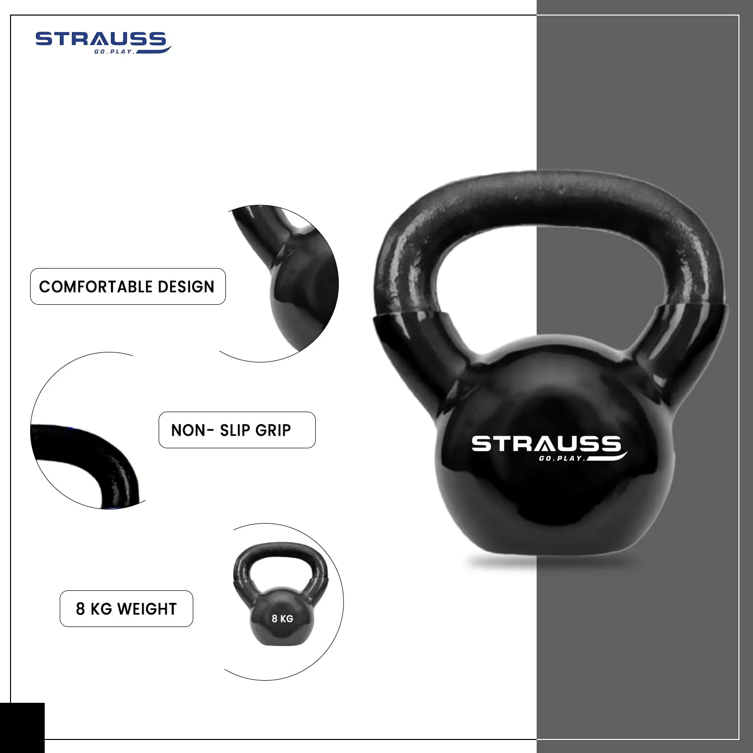 Strauss Premium Vinyl Kettlebell Weight for Men & Women | 8 Kg | Ideal for Home Workout, Yoga, Pilates, Gym Exercises | Non-Slip, Easy to Hold, Scratch Resistant (Black)