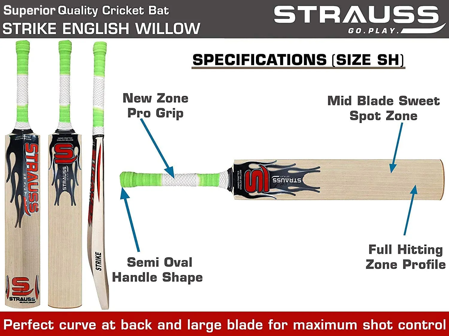 STRAUSS Strike Premium English Willow Cricket Bat, Short Handle| Handcrafted Lightweight Bat for Professional Matches,Powerful Shots,and Optimal Grip |Ideal for Pro Players, Training, and Tournaments