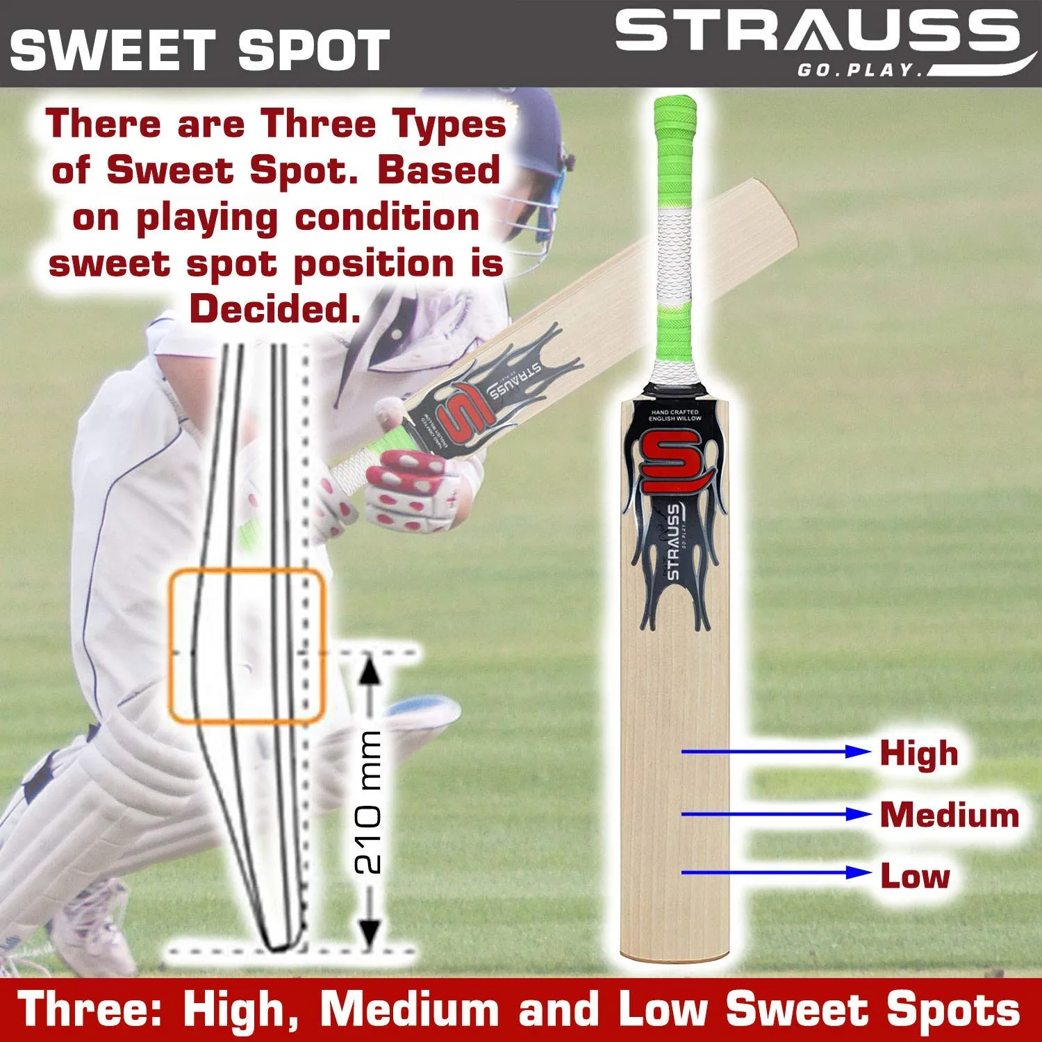 STRAUSS Strike Premium English Willow Cricket Bat, Short Handle| Handcrafted Lightweight Bat for Professional Matches,Powerful Shots,and Optimal Grip |Ideal for Pro Players, Training, and Tournaments