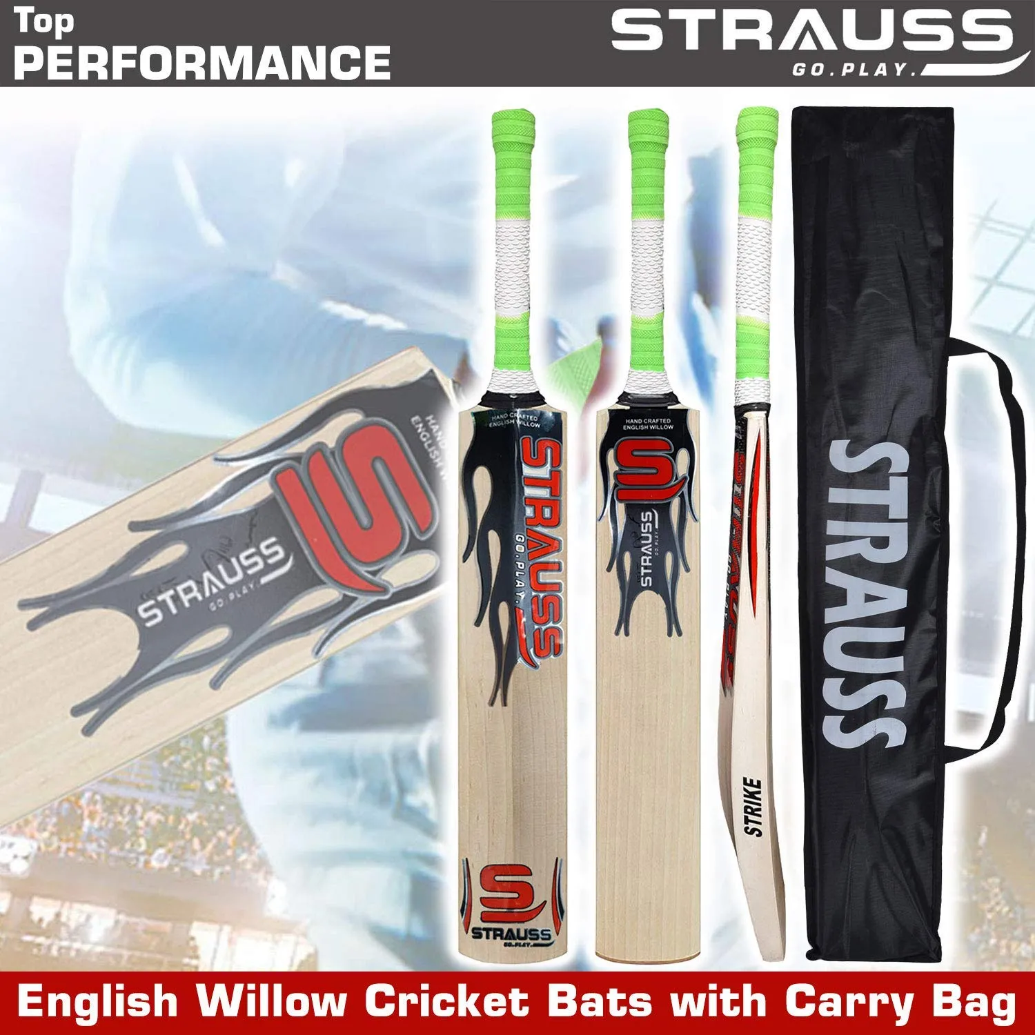 STRAUSS Strike Premium English Willow Cricket Bat, Short Handle| Handcrafted Lightweight Bat for Professional Matches,Powerful Shots,and Optimal Grip |Ideal for Pro Players, Training, and Tournaments