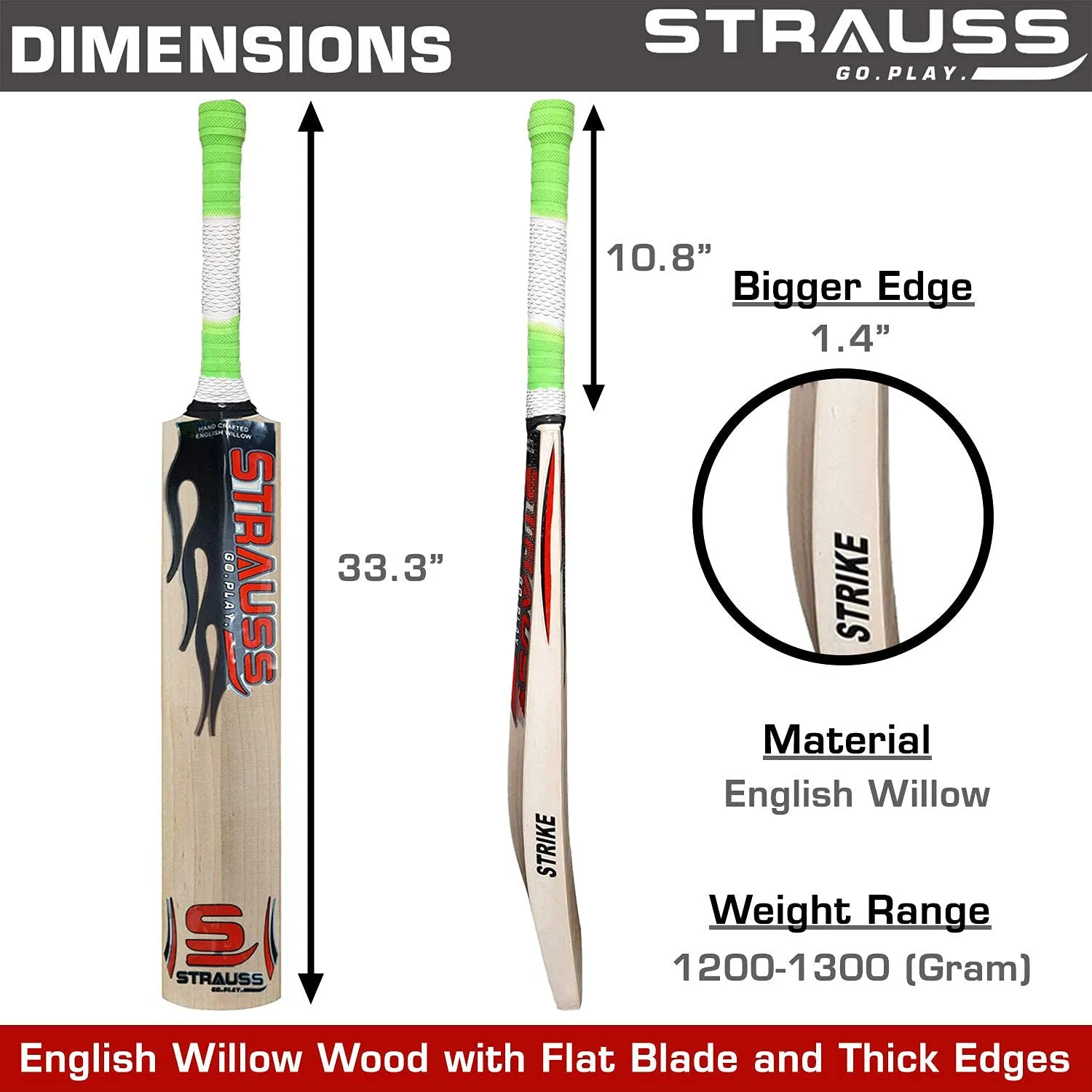 STRAUSS Strike Premium English Willow Cricket Bat, Short Handle| Handcrafted Lightweight Bat for Professional Matches,Powerful Shots,and Optimal Grip |Ideal for Pro Players, Training, and Tournaments