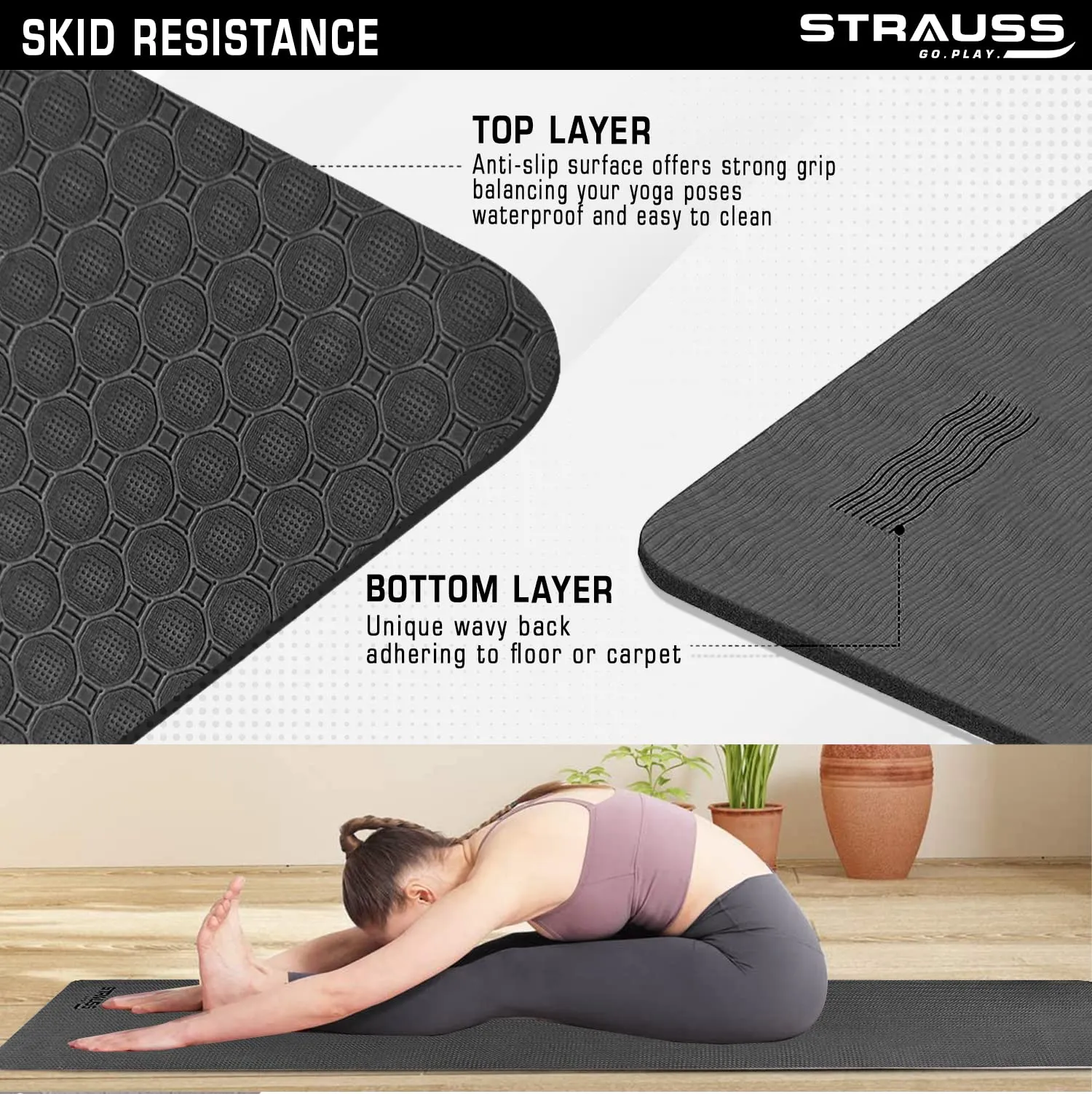 STRAUSS TPE Dual Layer Yoga Mat| Exercise Mat for Yoga,Pilates & Gym| Lightweight & Eco-Friendly Material | Yoga Mat for Women and Men |Ideal for Home Gym Workout |Includes Carry Strap | 4MM,(Black)