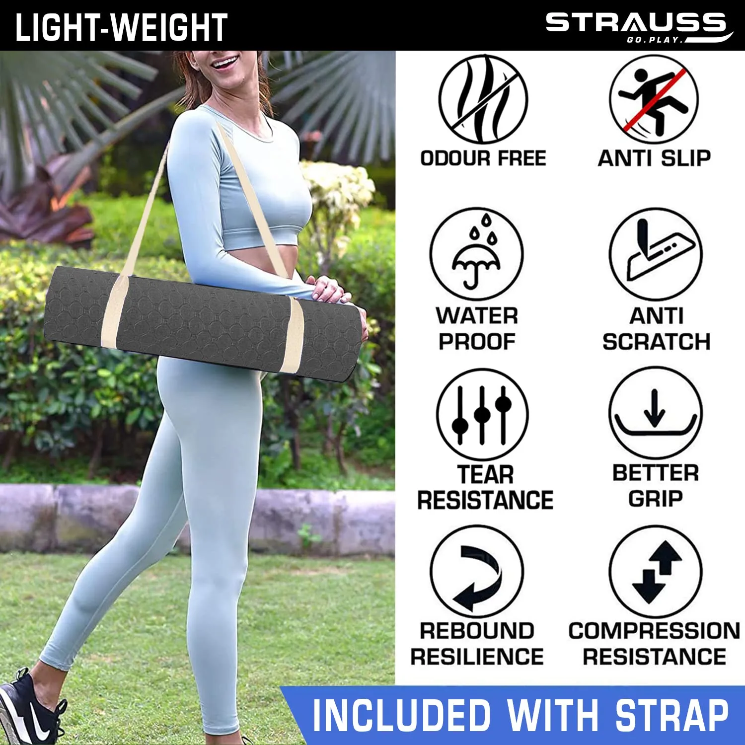 STRAUSS TPE Dual Layer Yoga Mat| Exercise Mat for Yoga,Pilates & Gym| Lightweight & Eco-Friendly Material | Yoga Mat for Women and Men |Ideal for Home Gym Workout |Includes Carry Strap | 4MM,(Black)