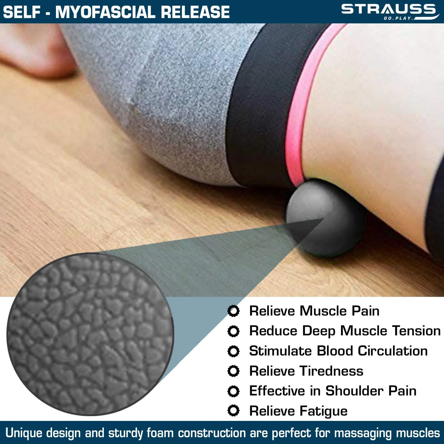 Strauss Yoga & Lacrosse Massage Ball | Ideal for Physiotherapy, Deep Tissue Massage, Trigger Point Therapy, Muscle Knots | High-Density Roller & Acupressure Ball for Myofascial Release & Pain Relief, (Black)