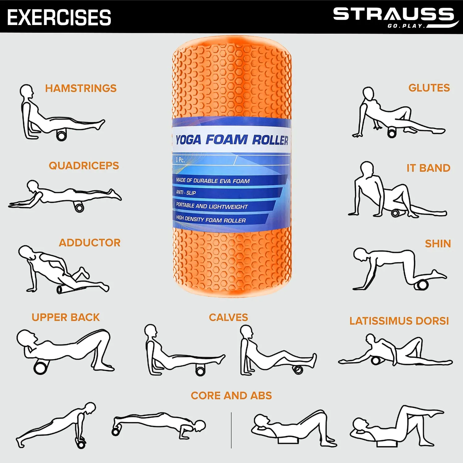 Strauss Yoga Foam Roller | Ideal For Exercise, Muscle Recovery, Physiotherapy, Pain Relief & Myofascial | Deep Tissue Massage Roller 45 Cm, (Orange)