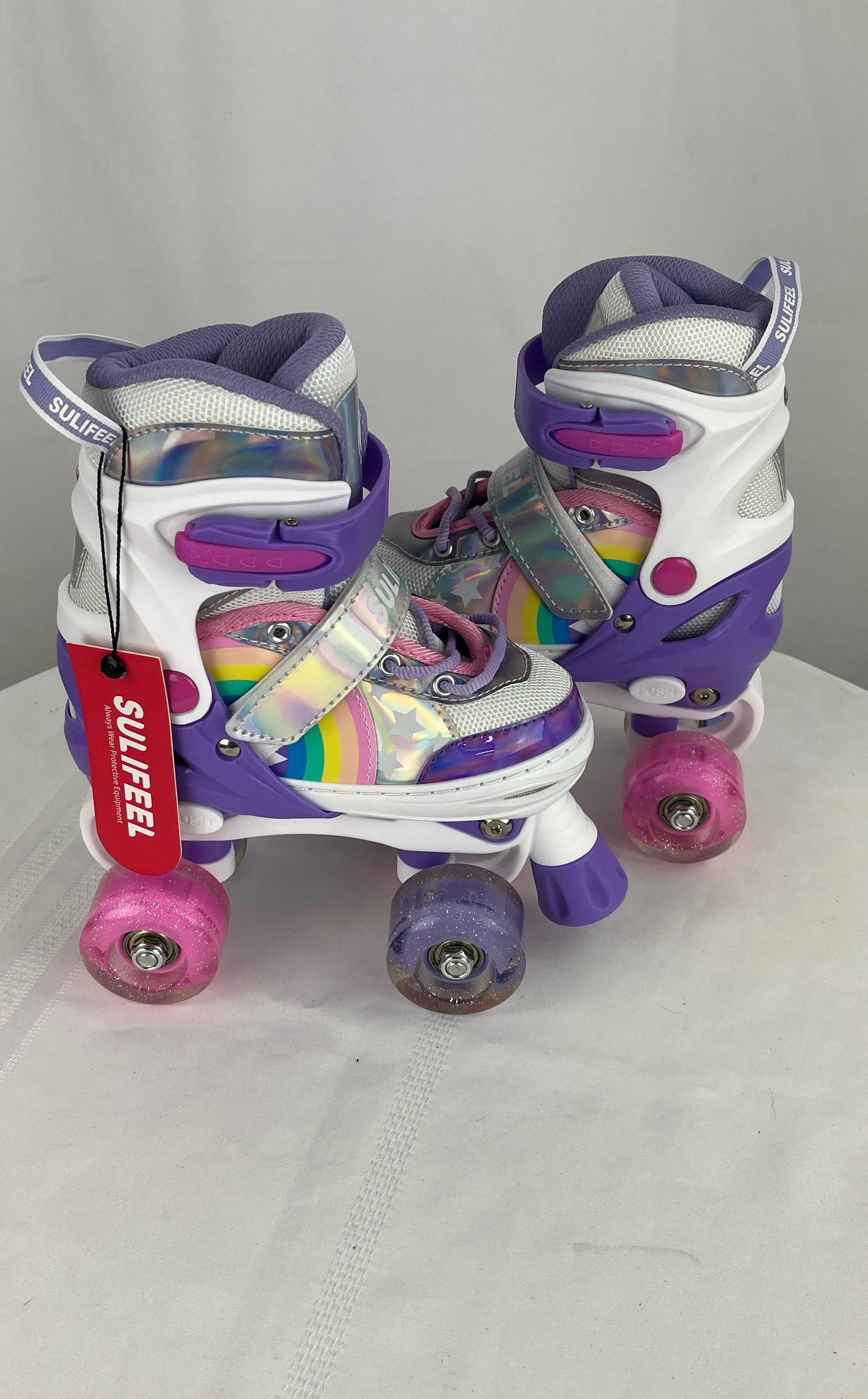 Sulifeel Rainbow Unicorn Multicolor Striped Light Up Roller Skates Kids 11-13C