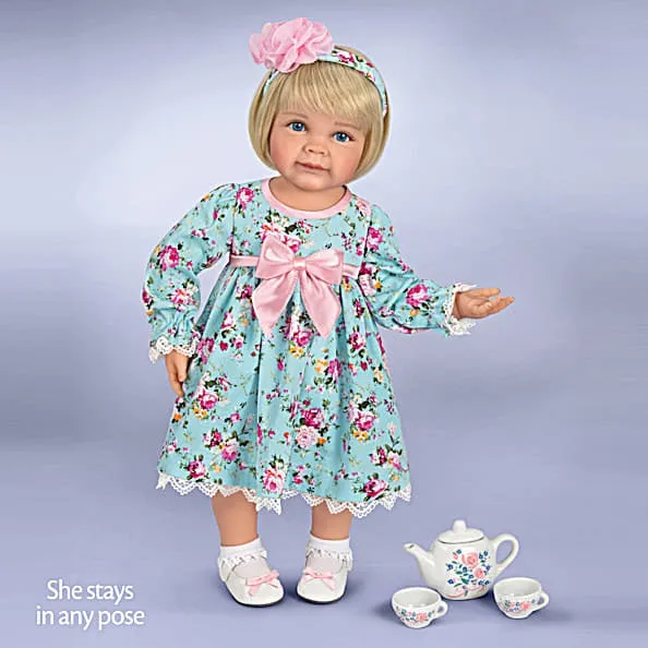 The Ashton-Drake Galleries So Truly Real Tea for Two Toddler Girl Doll Featuring A Finely Tailored Floral Ensemble and Comes with A 3-Piece Porcelain Tea Set and Picnic Blanket