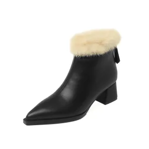 TinaCus Handmade Women's Genuine Leather Furry Side Zip Pointed Toe Low Chunky Heel Charming Boots