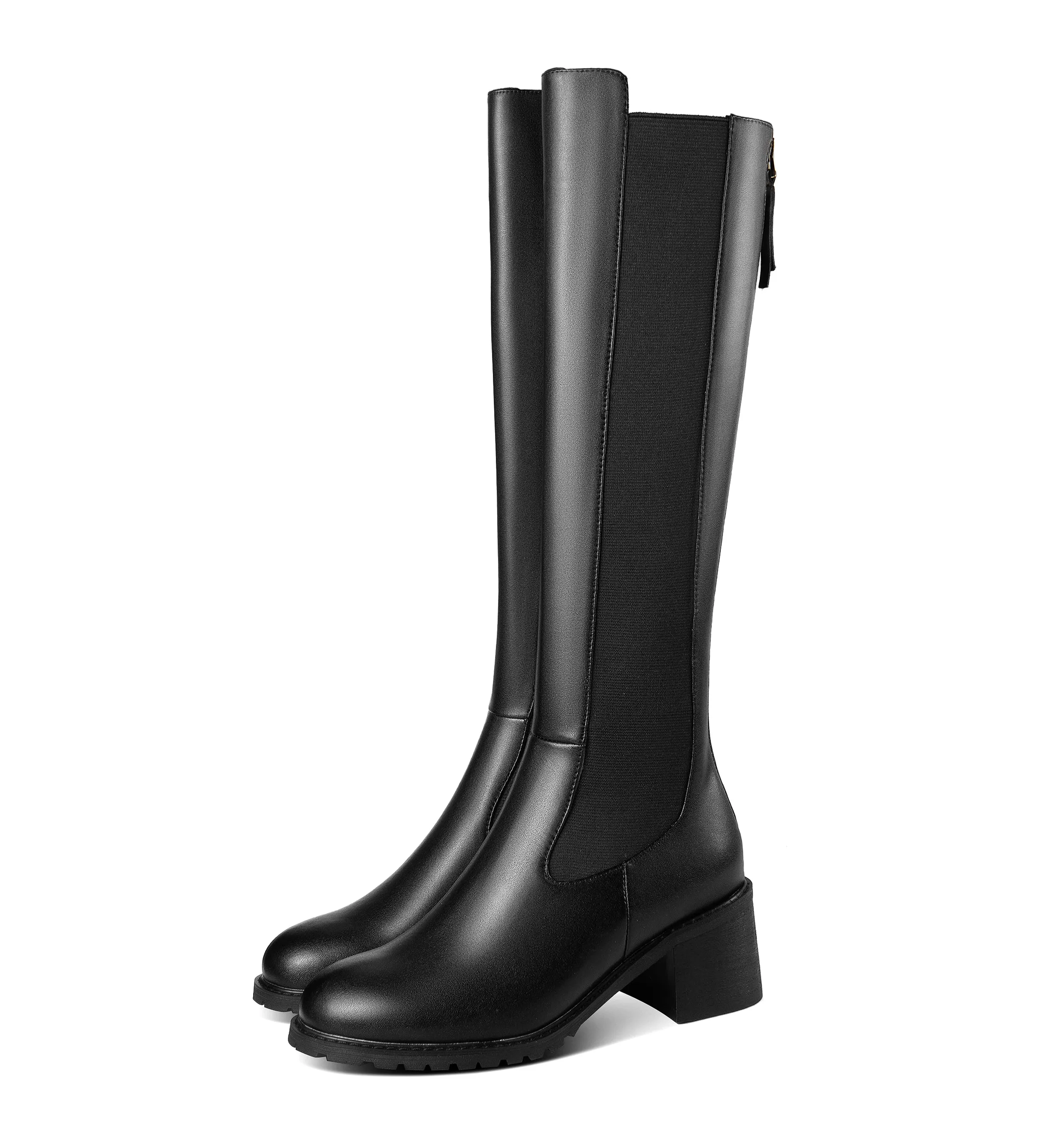 TinaCus Handmade Women's Genuine Leather Zip Round Toe Low Chunky Heel Knee High Boots