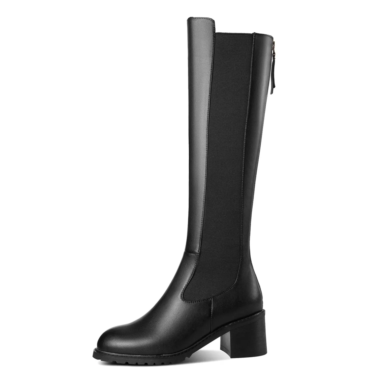 TinaCus Handmade Women's Genuine Leather Zip Round Toe Low Chunky Heel Knee High Boots