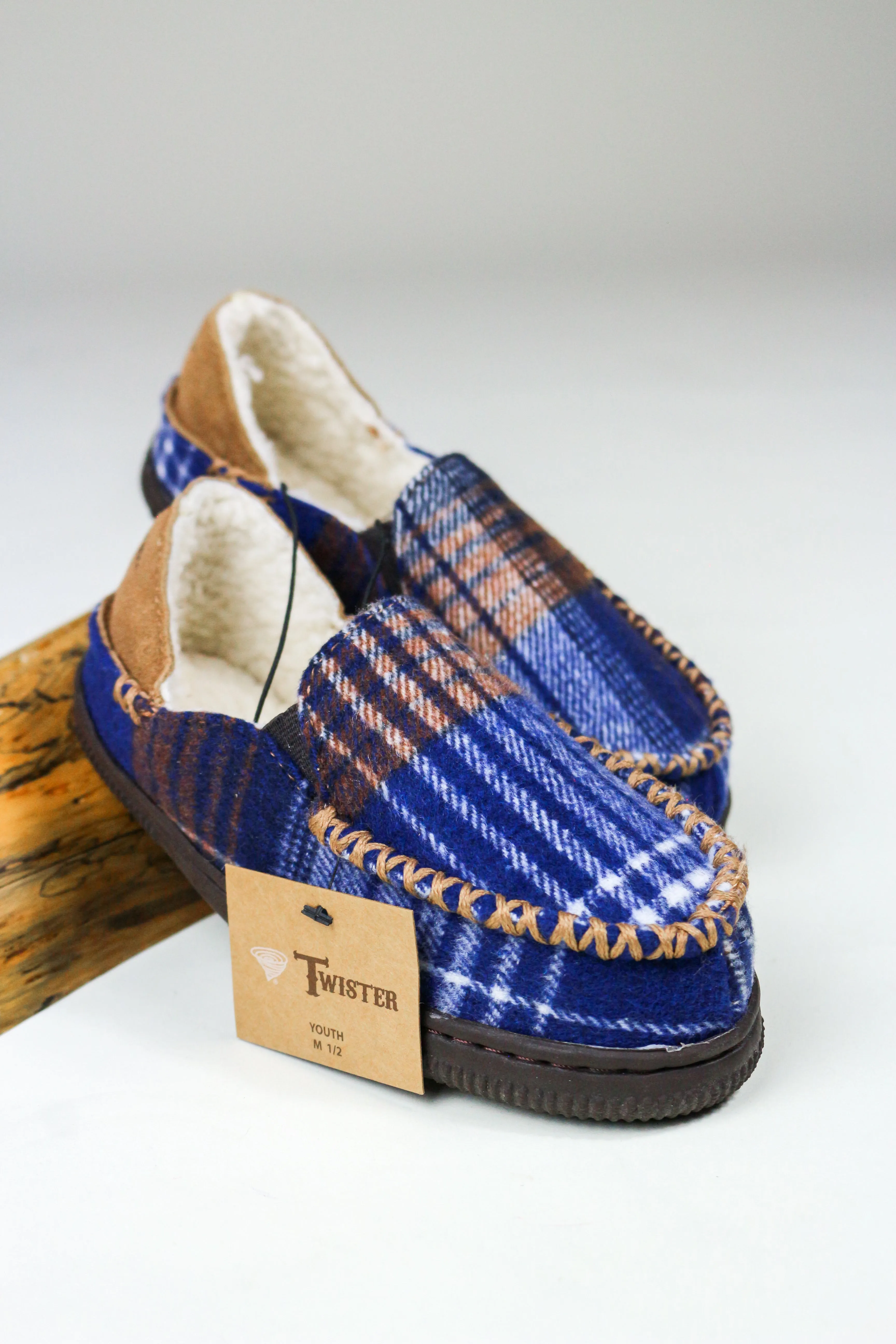 Twister Blue & Brown Boys Faux Fur Slippers