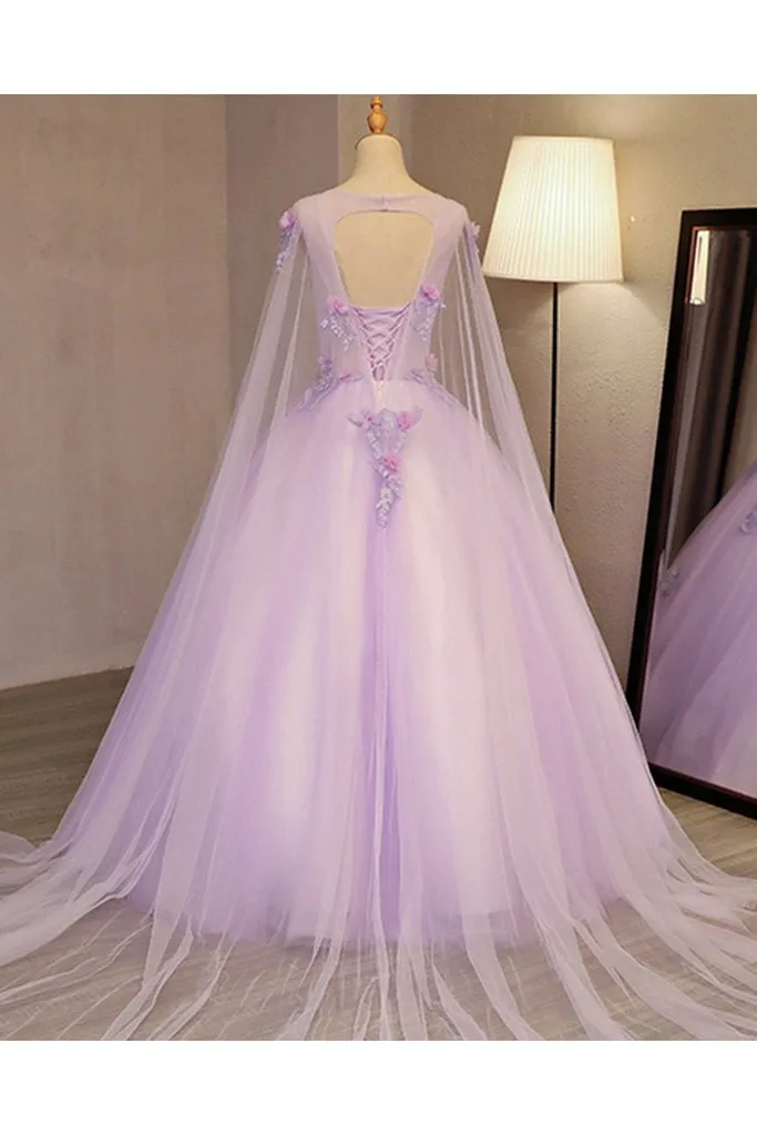 Unique Lilac Tulle Long Ball Gown Evening Dress with Flowers, Puffy Quinceanera Dresses M1619