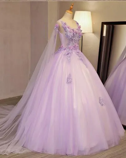 Unique Lilac Tulle Long Ball Gown Evening Dress with Flowers, Puffy Quinceanera Dresses M1619