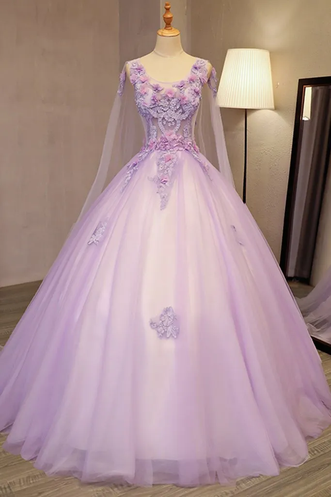 Unique Lilac Tulle Long Ball Gown Evening Dress with Flowers, Puffy Quinceanera Dresses M1619