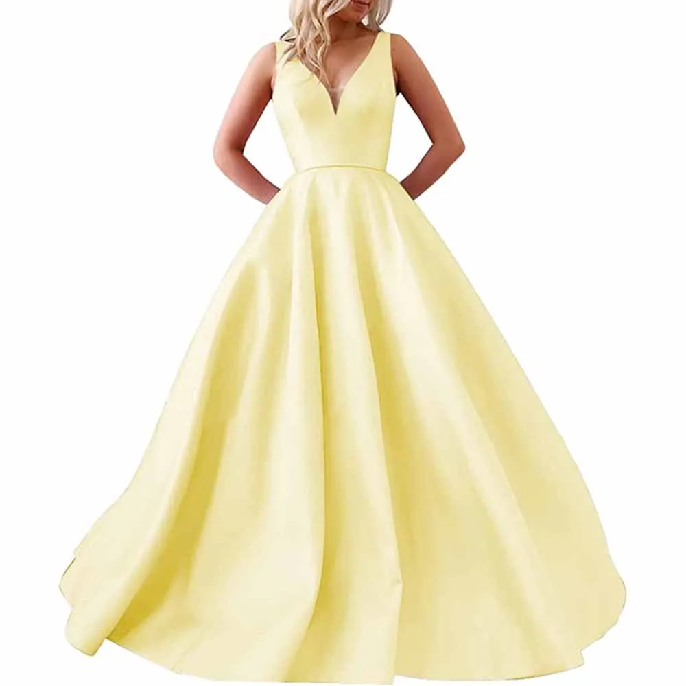 V Neck Prom Dresses Long Satin Ball Gowns Bridesmaid Dresses Wedding Gown