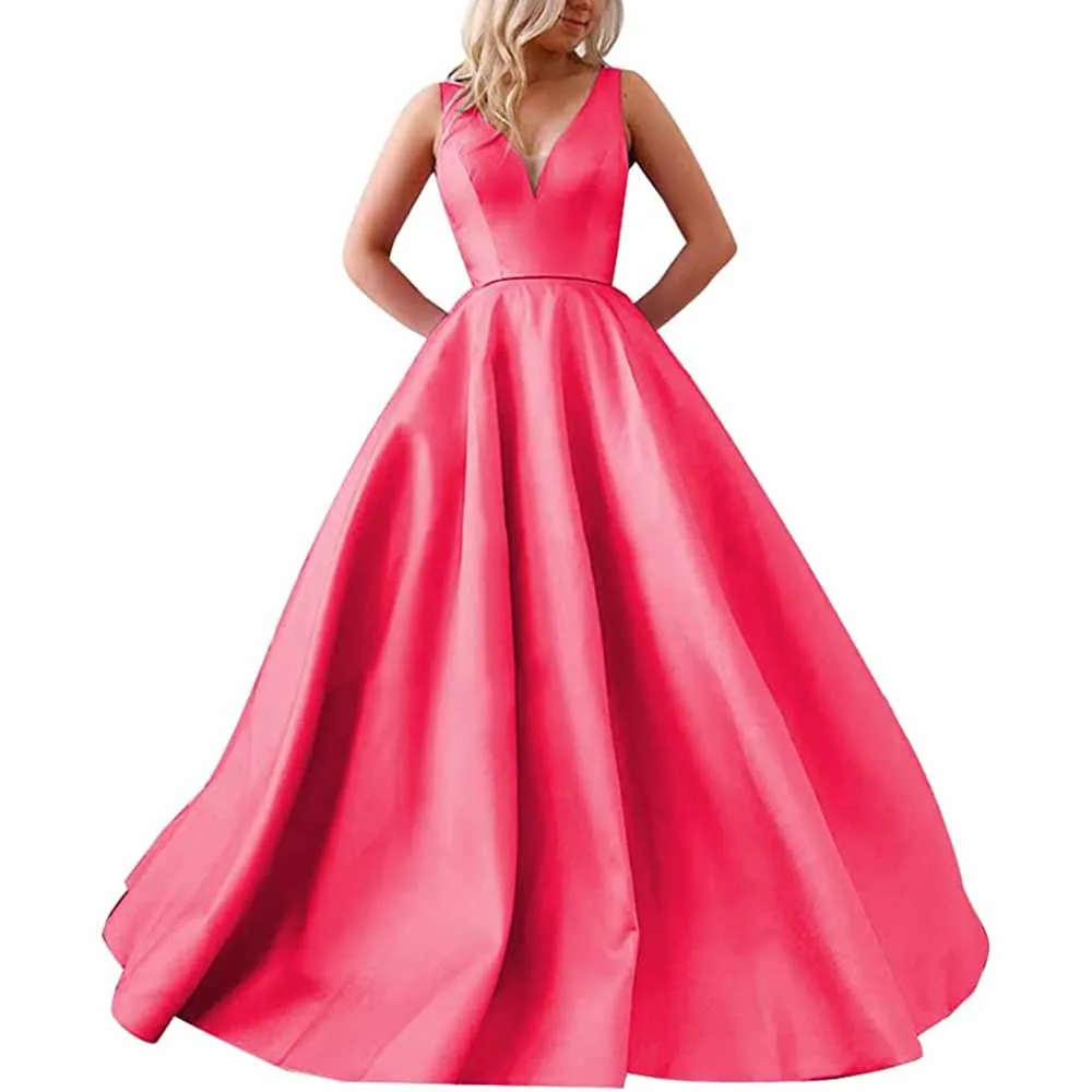 V Neck Prom Dresses Long Satin Ball Gowns Bridesmaid Dresses Wedding Gown