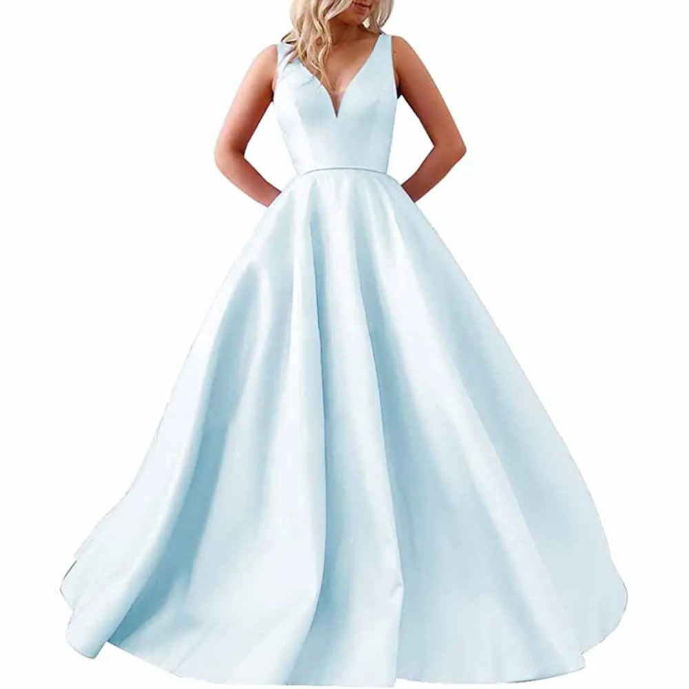 V Neck Prom Dresses Long Satin Ball Gowns Bridesmaid Dresses Wedding Gown