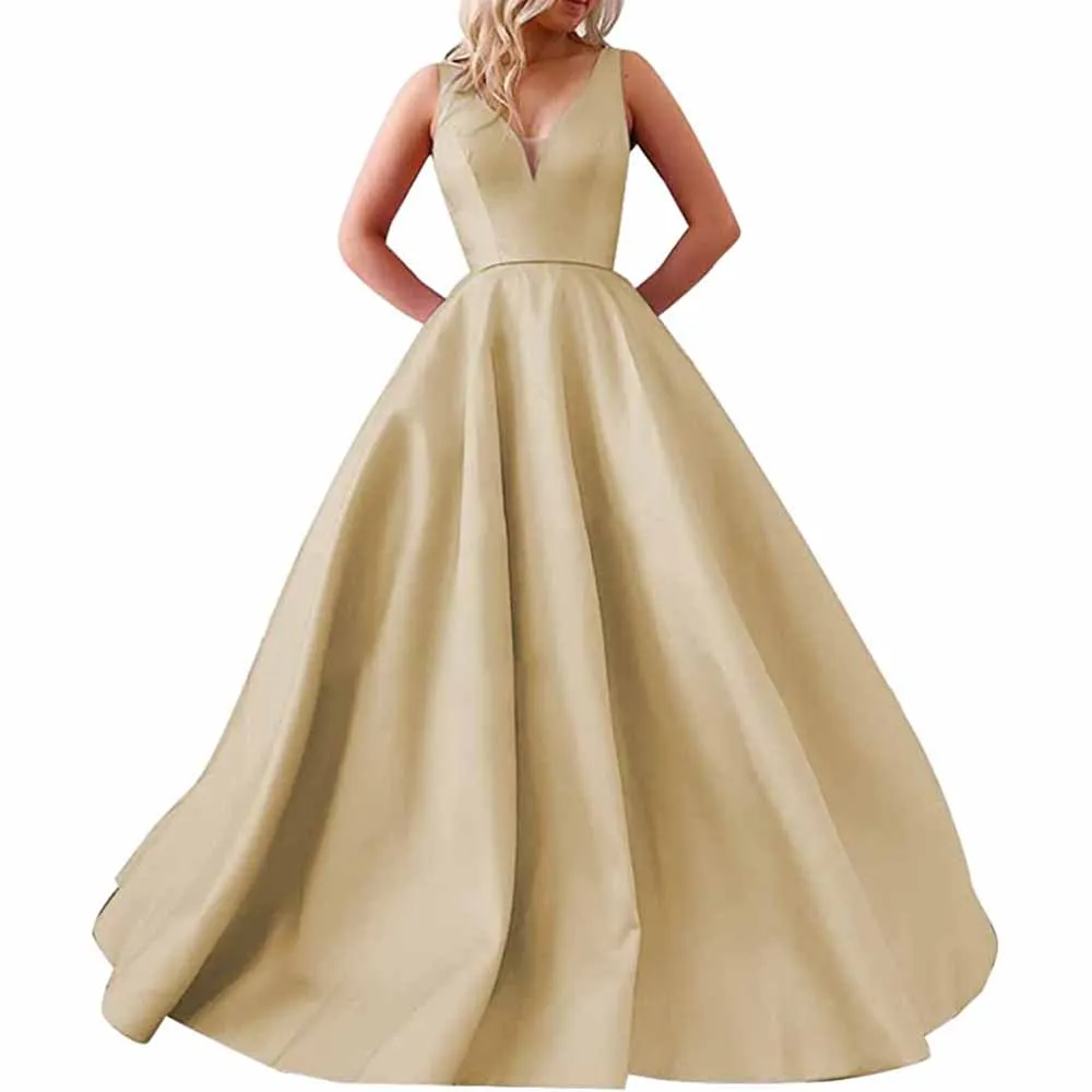 V Neck Prom Dresses Long Satin Ball Gowns Bridesmaid Dresses Wedding Gown