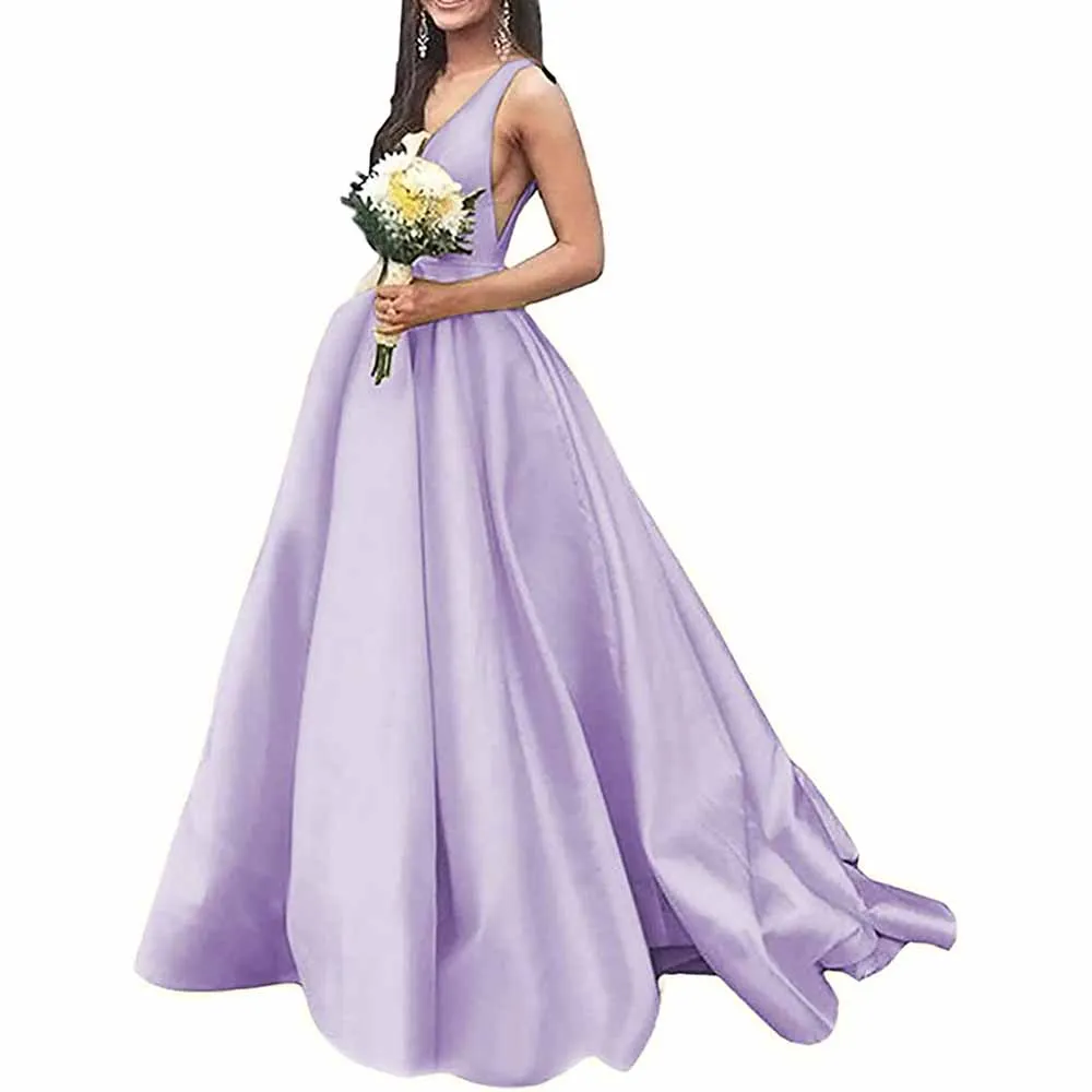 V Neck Prom Dresses Long Satin Ball Gowns Bridesmaid Dresses Wedding Gown