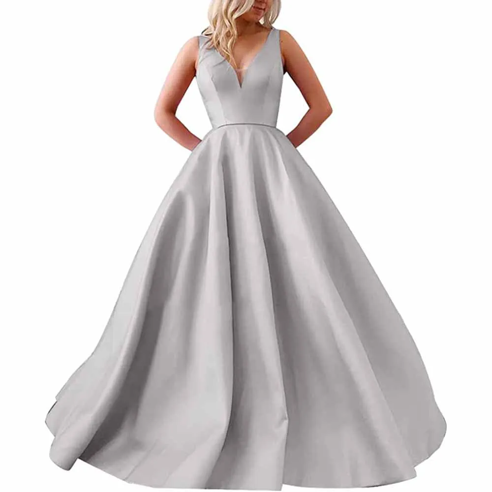 V Neck Prom Dresses Long Satin Ball Gowns Bridesmaid Dresses Wedding Gown