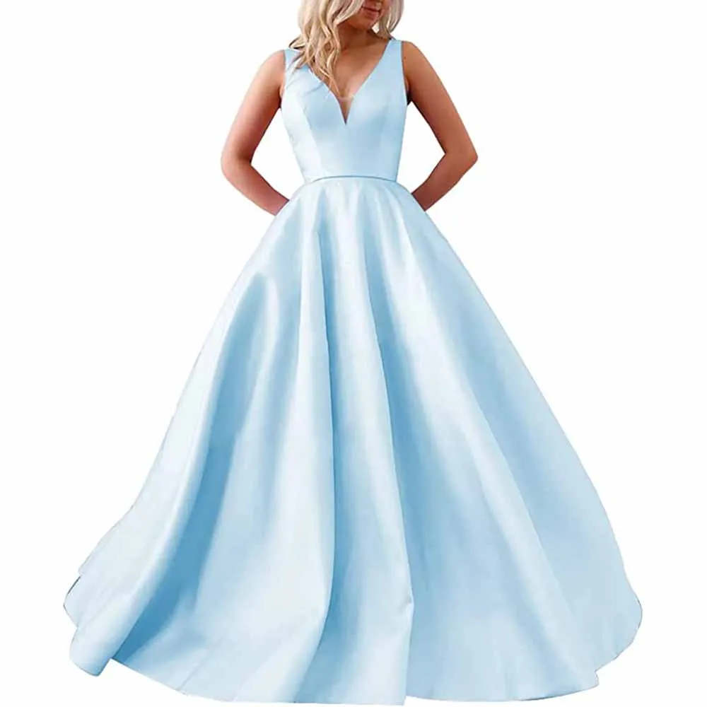 V Neck Prom Dresses Long Satin Ball Gowns Bridesmaid Dresses Wedding Gown