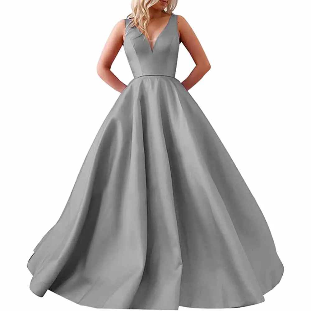 V Neck Prom Dresses Long Satin Ball Gowns Bridesmaid Dresses Wedding Gown