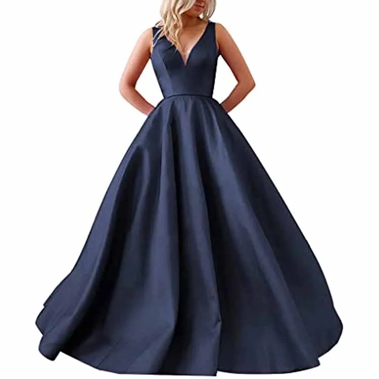 V Neck Prom Dresses Long Satin Ball Gowns Bridesmaid Dresses Wedding Gown