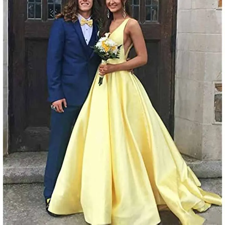 V Neck Prom Dresses Long Satin Ball Gowns Bridesmaid Dresses Wedding Gown