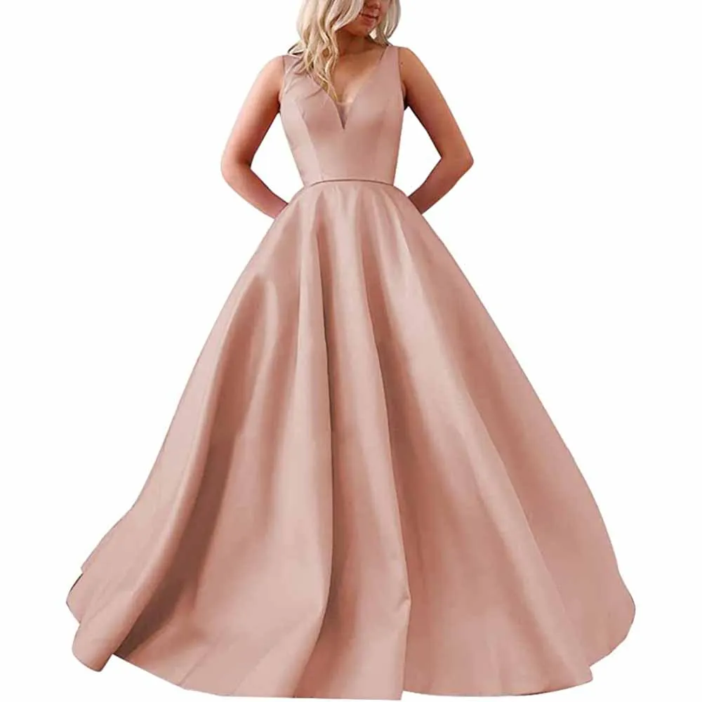 V Neck Prom Dresses Long Satin Ball Gowns Bridesmaid Dresses Wedding Gown