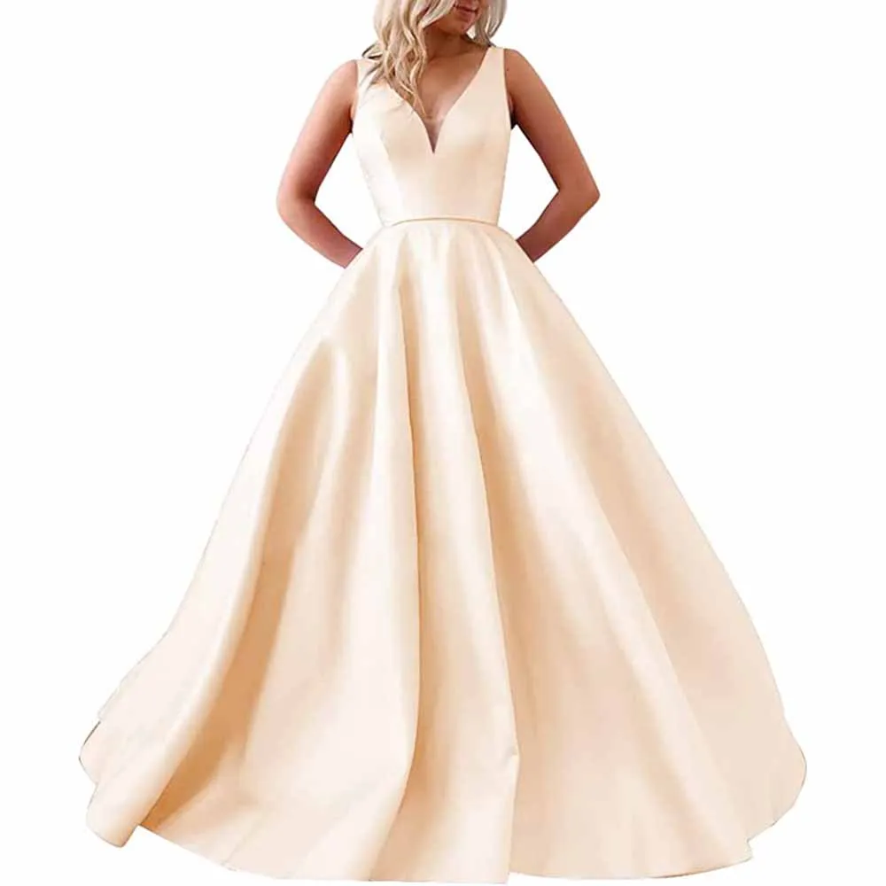 V Neck Prom Dresses Long Satin Ball Gowns Bridesmaid Dresses Wedding Gown