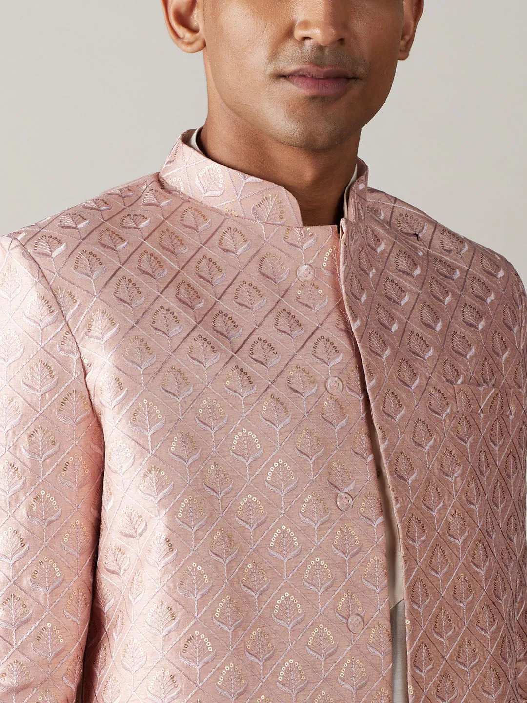 Vastramay Men's Peach Sequined Indo Sherwani Set