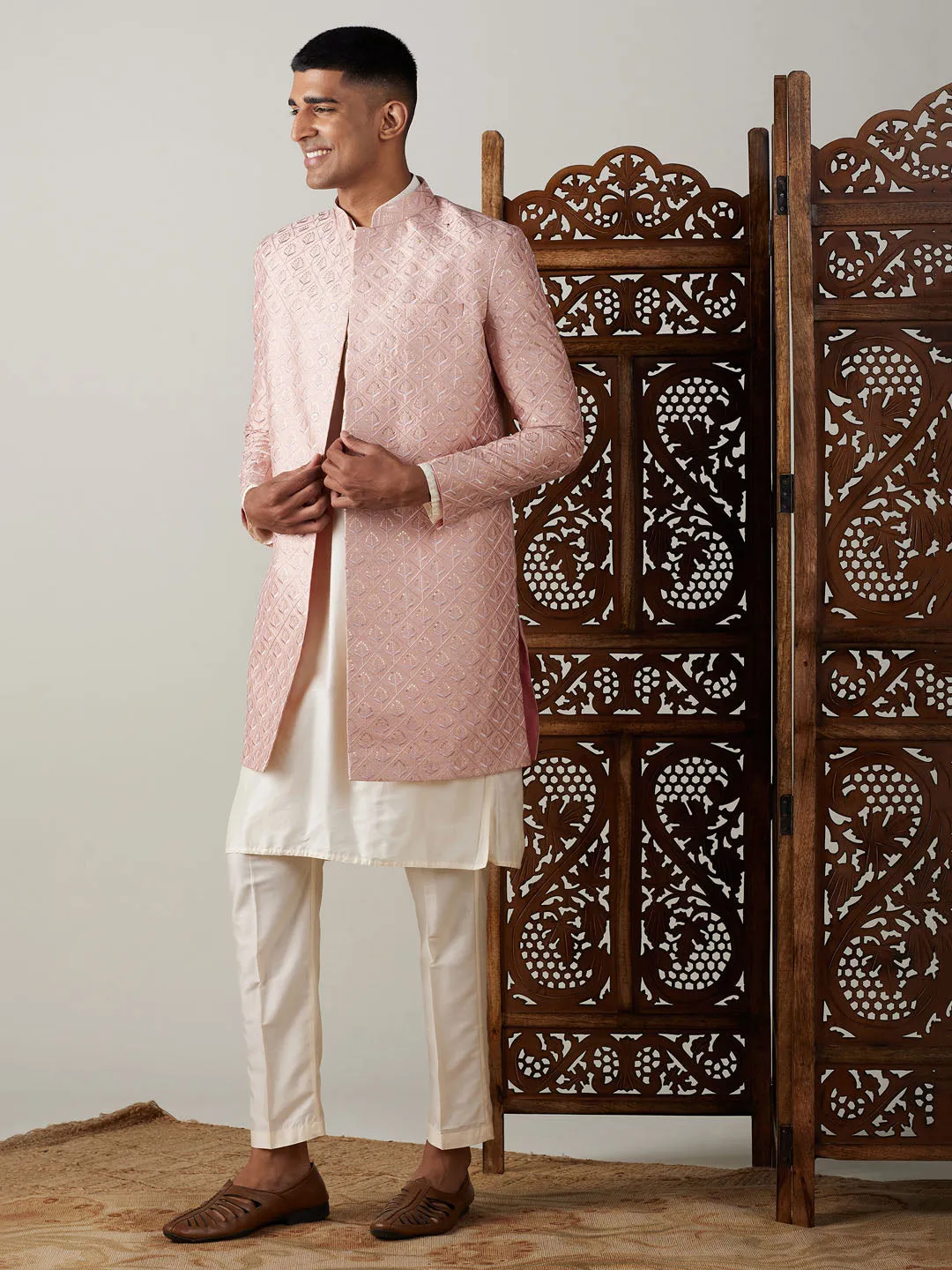 Vastramay Men's Peach Sequined Indo Sherwani Set