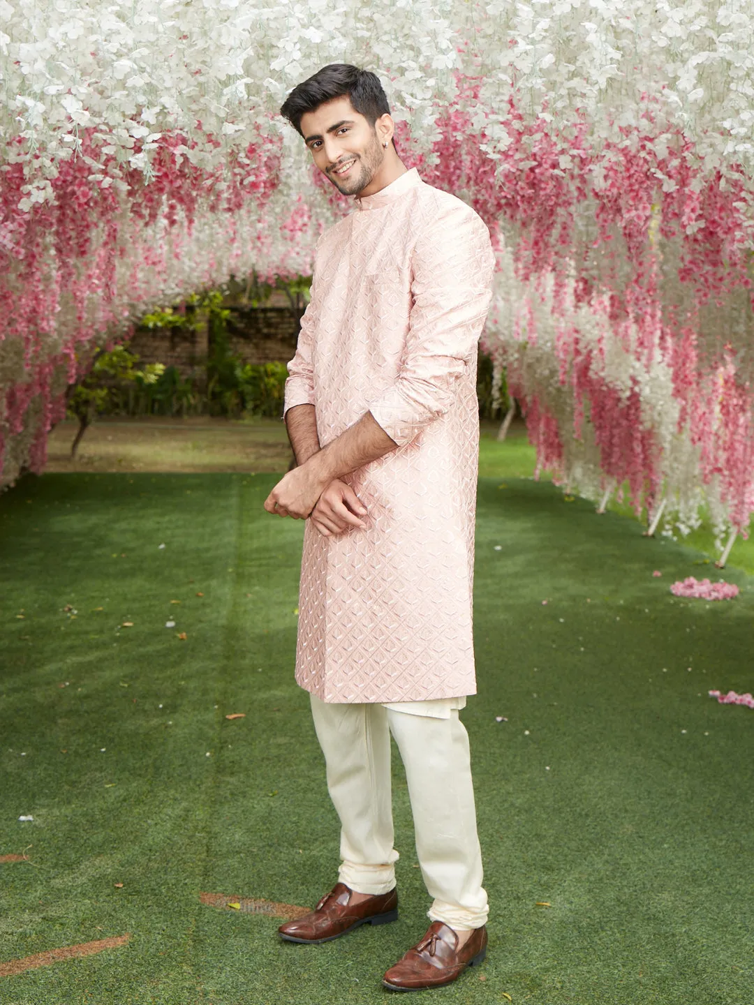 Vastramay Men's Peach Sequined Indo Sherwani Set