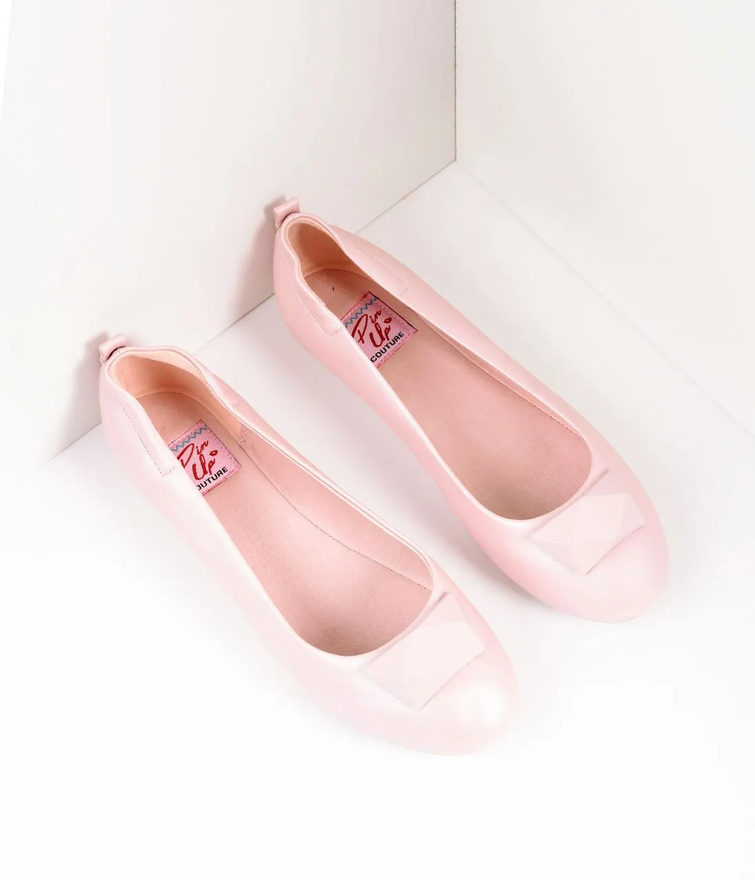 Vintage Style Baby Pink Leatherette & Geometric Gem Ballet Flats