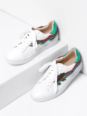 White Dragon Embroidery Lace Up Sneakers