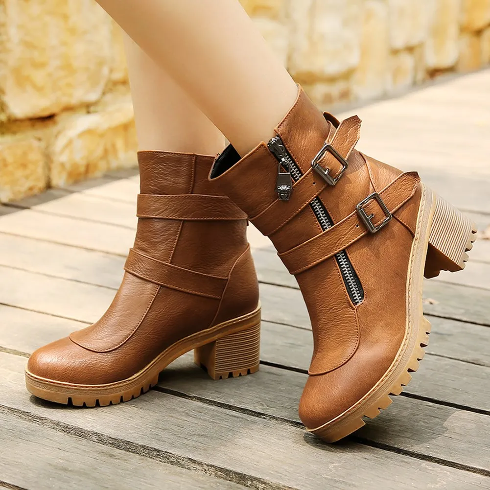 Winter female platform square heels martin boots