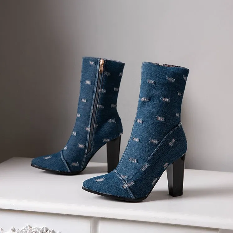 Women Denim High Heel Ankle Boots