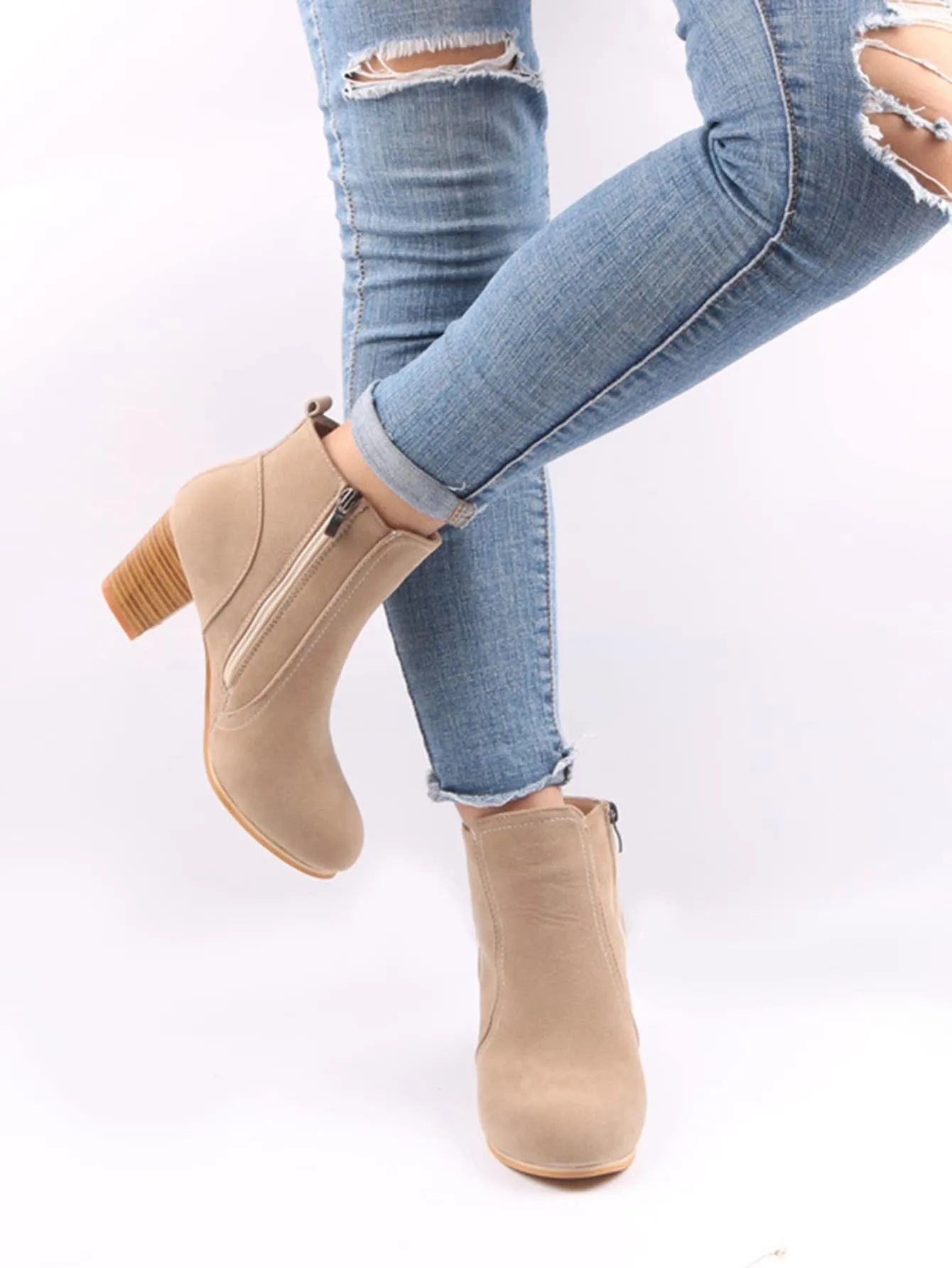 Women Faux Suede Zip Side Boots, Round Toe Chunky Heeled Classic Boots