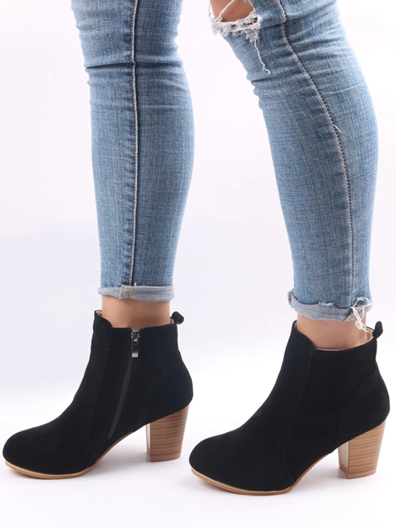 Women Faux Suede Zip Side Boots, Round Toe Chunky Heeled Classic Boots